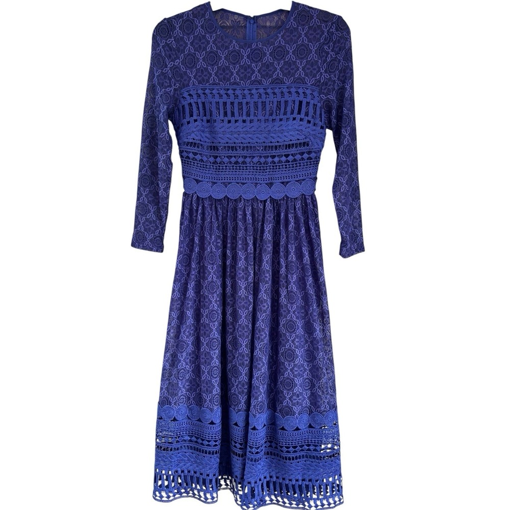 ASOS Midi Dress Size 0‎ Purple Blue Lace Crochet Embroidered Long Sleeve NWT